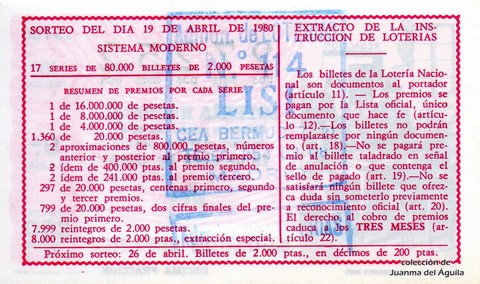 Reverso del décimo de Lotería Nacional de 1980 Sorteo 15