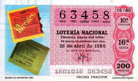 Décimo de Lotería Nacional de 1980 Sorteo 16 - RECIBOS DE SUSCRIPCION (1861)