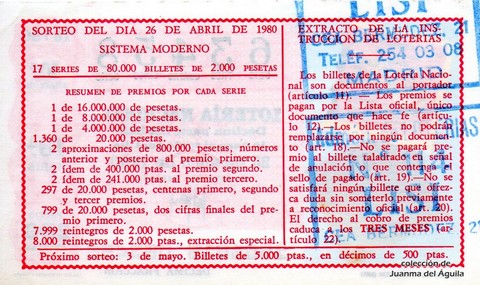 Reverso del décimo de Lotería Nacional de 1980 Sorteo 16