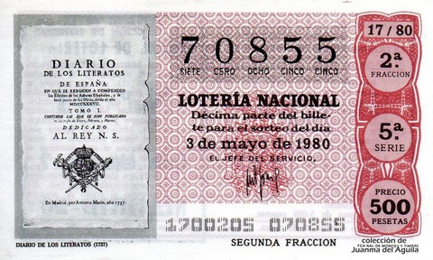 Décimo de Lotería Nacional de 1980 Sorteo 17 - DIARIO DE LOS LITERATOS (1737)