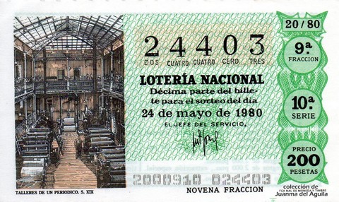 Décimo de Lotería Nacional de 1980 Sorteo 20 - TALLERES DE UN PERIODICO. S. XIX