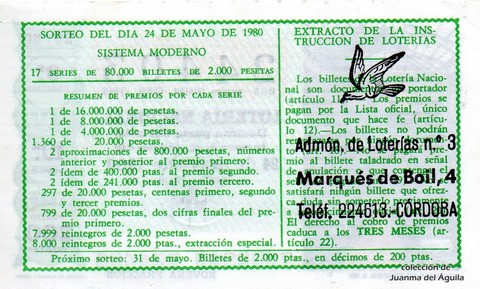 Reverso del décimo de Lotería Nacional de 1980 Sorteo 20