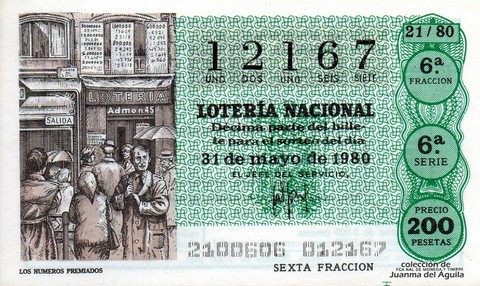 Décimo de Lotería Nacional de 1980 Sorteo 21 - LOS NUMEROS PREMIADOS