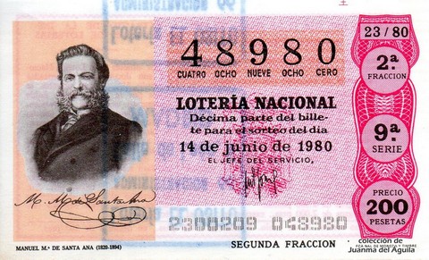 Décimo de Lotería Nacional de 1980 Sorteo 23 - MANUEL Mª DE SANTA ANA (1820-1894)