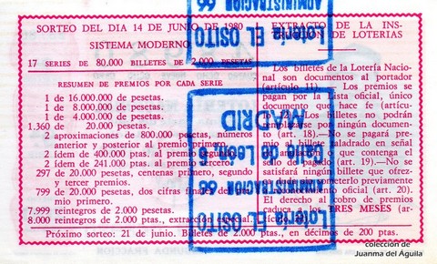 Reverso del décimo de Lotería Nacional de 1980 Sorteo 23