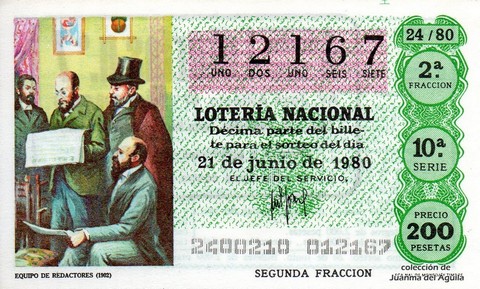 Décimo de Lotería Nacional de 1980 Sorteo 24 - EQUIPO DE REDACTORES (1902)