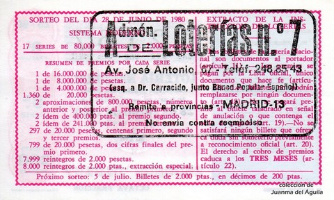 Reverso décimo de Lotería 1980 / 25