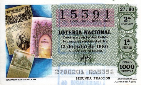 Décimo de Lotería Nacional de 1980 Sorteo 27 - SEMANARIOS ILUSTRADOS. S. XIX