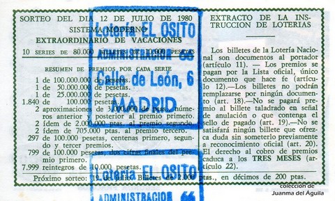 Reverso décimo de Lotería 1980 / 27