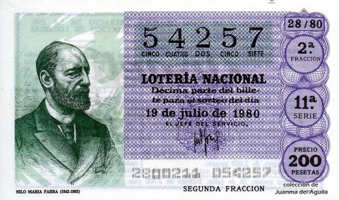 Décimo de Lotería Nacional de 1980 Sorteo 28 - NILO MARIA FABRA (1843-1903)