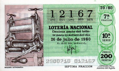 Décimo de Lotería Nacional de 1980 Sorteo 29 - MAQUINA AUTOGRAFICA