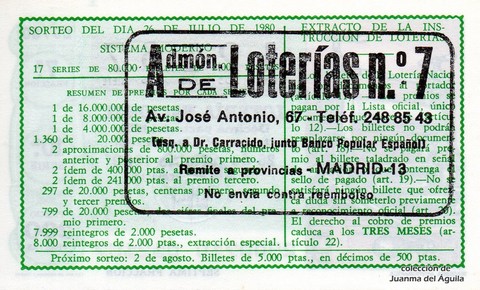Reverso del décimo de Lotería Nacional de 1980 Sorteo 29