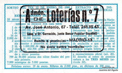 Reverso del décimo de Lotería Nacional de 1980 Sorteo 2