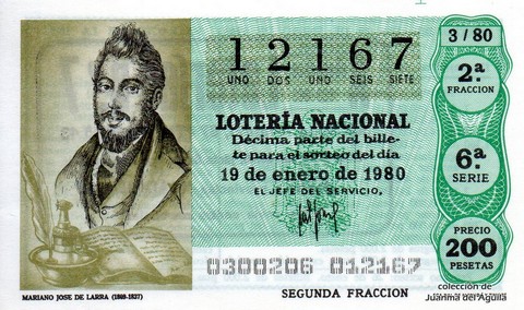 Décimo de Lotería Nacional de 1980 Sorteo 3 - MARIANO JOSE DE LARRA (1809-1837)