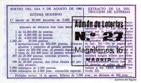 Reverso décimo de Lotería 1980 / 31