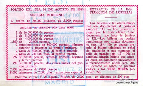 Reverso décimo de Lotería 1980 / 32