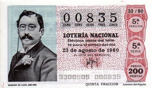 Décimo de Lotería Nacional de 1980 Sorteo 33 - MARIANO DE CAVIA (1855-1920)