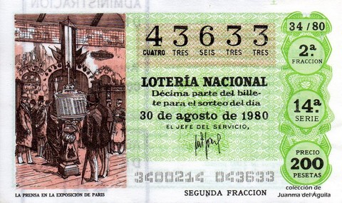 Décimo de Lotería Nacional de 1980 Sorteo 34 - LA PRENSA EN LA EXPOSICION DE PARIS
