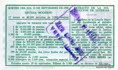 Reverso décimo de Lotería 1980 / 36