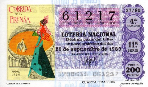 Décimo de Lotería Nacional de 1980 Sorteo 37 - CORRIDA DE LA PRENSA