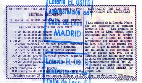 Reverso del décimo de Lotería Nacional de 1980 Sorteo 37