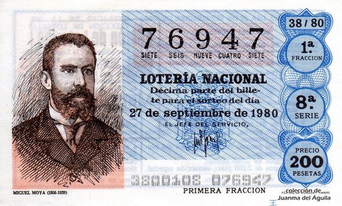 Décimo de Lotería Nacional de 1980 Sorteo 38 - MIGUEL MOYA (1856-1920)