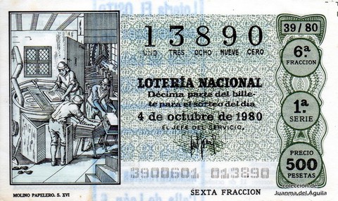 Décimo de Lotería Nacional de 1980 Sorteo 39 - MOLINO PAPELERO. S. XVI