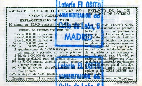 Reverso décimo de Lotería 1980 / 39