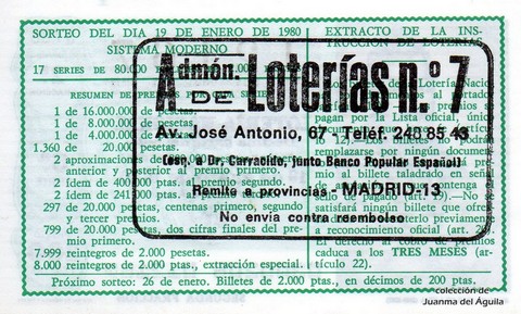 Reverso del décimo de Lotería Nacional de 1980 Sorteo 3