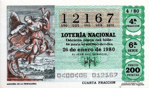 Décimo de Lotería Nacional de 1980 Sorteo 4 - ALEGORIA DE LA PROPAGANDA