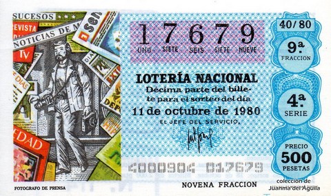 Décimo de Lotería Nacional de 1980 Sorteo 40 - FOTOGRAFO DE PRENSA