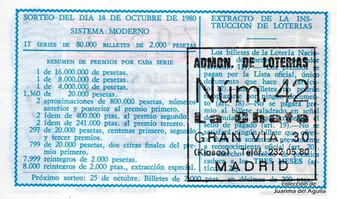 Reverso del décimo de Lotería Nacional de 1980 Sorteo 41