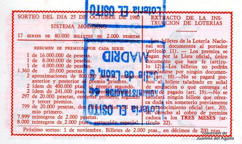 Reverso del décimo de Lotería Nacional de 1980 Sorteo 42