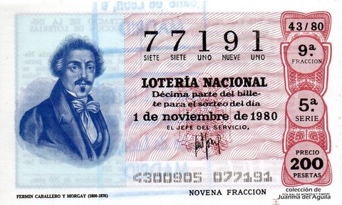 Décimo de Lotería Nacional de 1980 Sorteo 43 - FERMIN CABALLERO Y MORGAY (1800-1876)