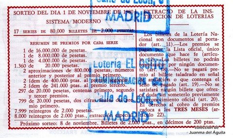 Reverso décimo de Lotería 1980 / 43