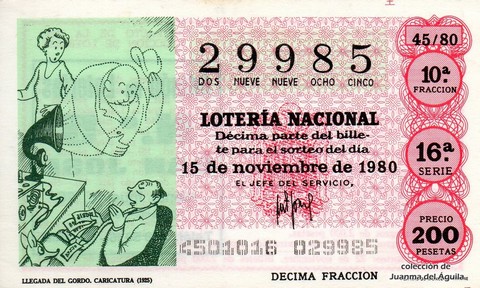 Décimo de Lotería Nacional de 1980 Sorteo 45 - LLEGADA DEL GORDO. CARICATURA (1925)