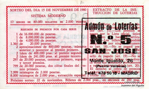 Reverso del décimo de Lotería Nacional de 1980 Sorteo 45