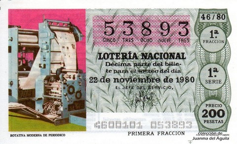 Décimo de Lotería Nacional de 1980 Sorteo 46 - ROTATIVA MODERNA DE PERIODICO