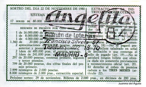 Reverso décimo de Lotería 1980 / 46