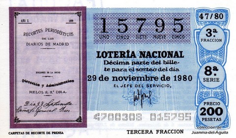 Décimo de Lotería Nacional de 1980 Sorteo 47 - CARPETAS DE RECORTE DE PRENSA