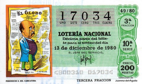 Décimo de Lotería Nacional de 1980 Sorteo 49 - PERIODICOS S.XIX. CARICATURA