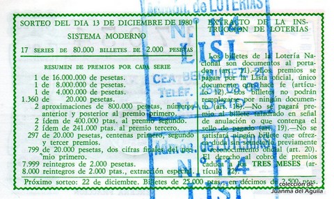Reverso del décimo de Lotería Nacional de 1980 Sorteo 49