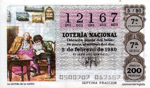 Décimo de Lotería Nacional de 1980 Sorteo 5 - LA LECTURA DE LA GACETA