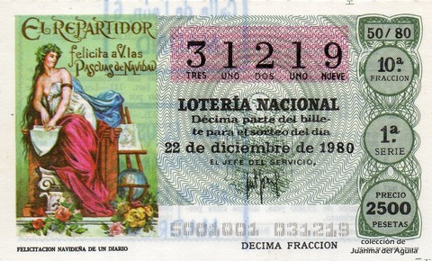 Décimo de Lotería Nacional de 1980 Sorteo 50 - FELICITACION NAVIDEÑA DE UN DIARIO