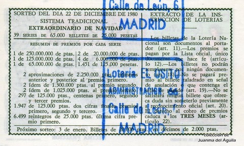 Reverso décimo de Lotería 1980 / 50