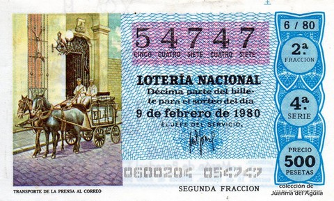 Décimo de Lotería Nacional de 1980 Sorteo 6 - TRANSPORTE DE LA PRENSA AL CORREO