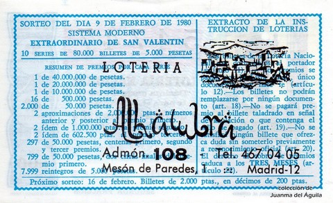 Reverso del décimo de Lotería Nacional de 1980 Sorteo 6