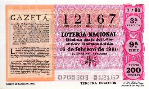 Décimo de Lotería Nacional de 1980 Sorteo 7 - GACETA DE BARCELONA (1641)