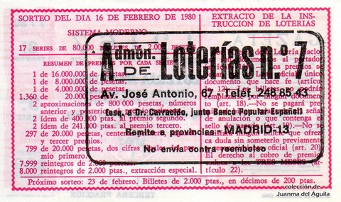Reverso décimo de Lotería 1980 / 7