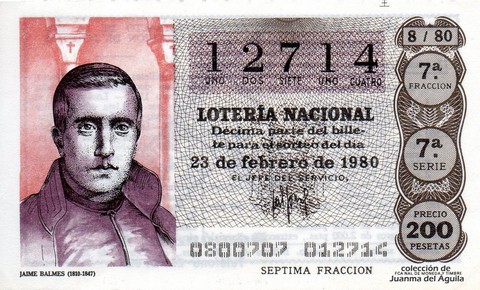 Décimo de Lotería Nacional de 1980 Sorteo 8 - JAIME BALMES (1810-1847)